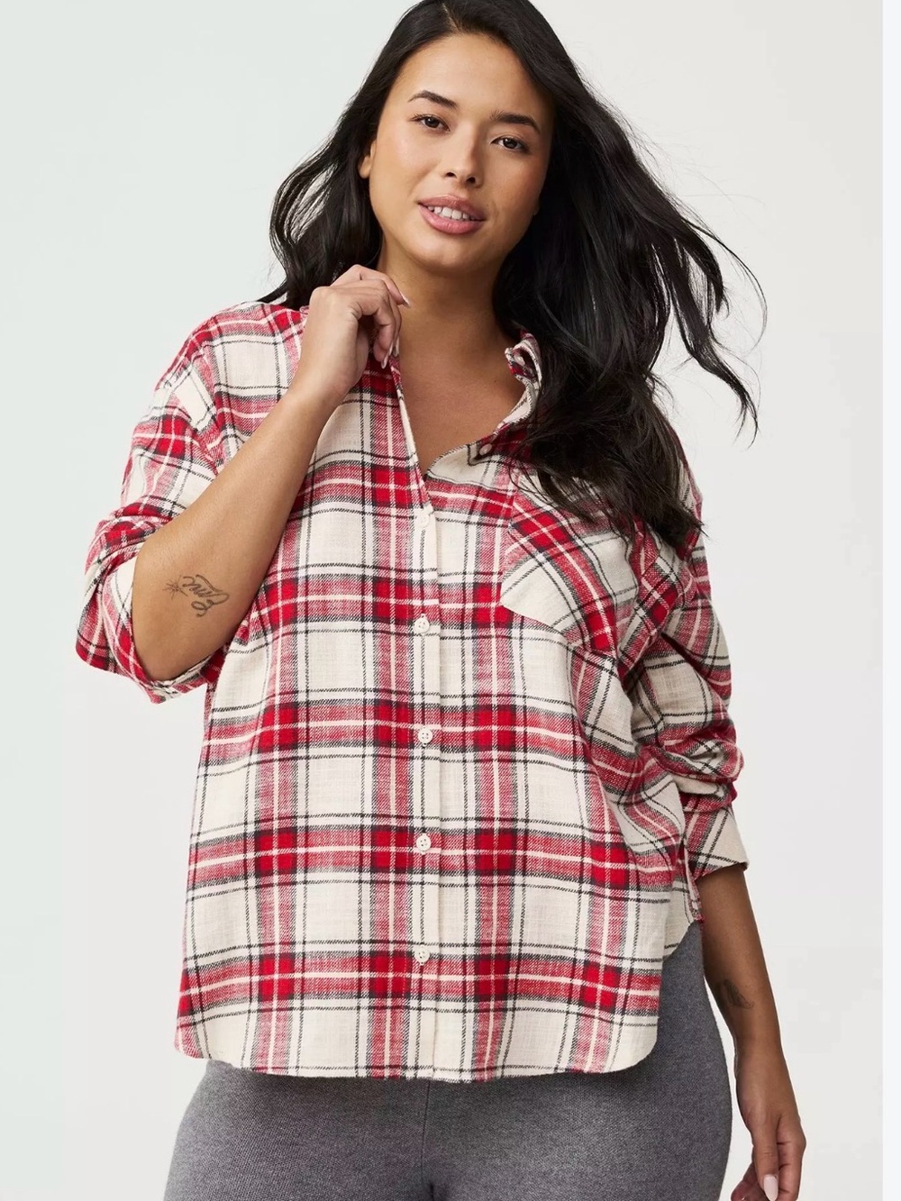 Torrid Red and White Plaid Button-Down Oversized Cotton Flannel Shirt 2X
